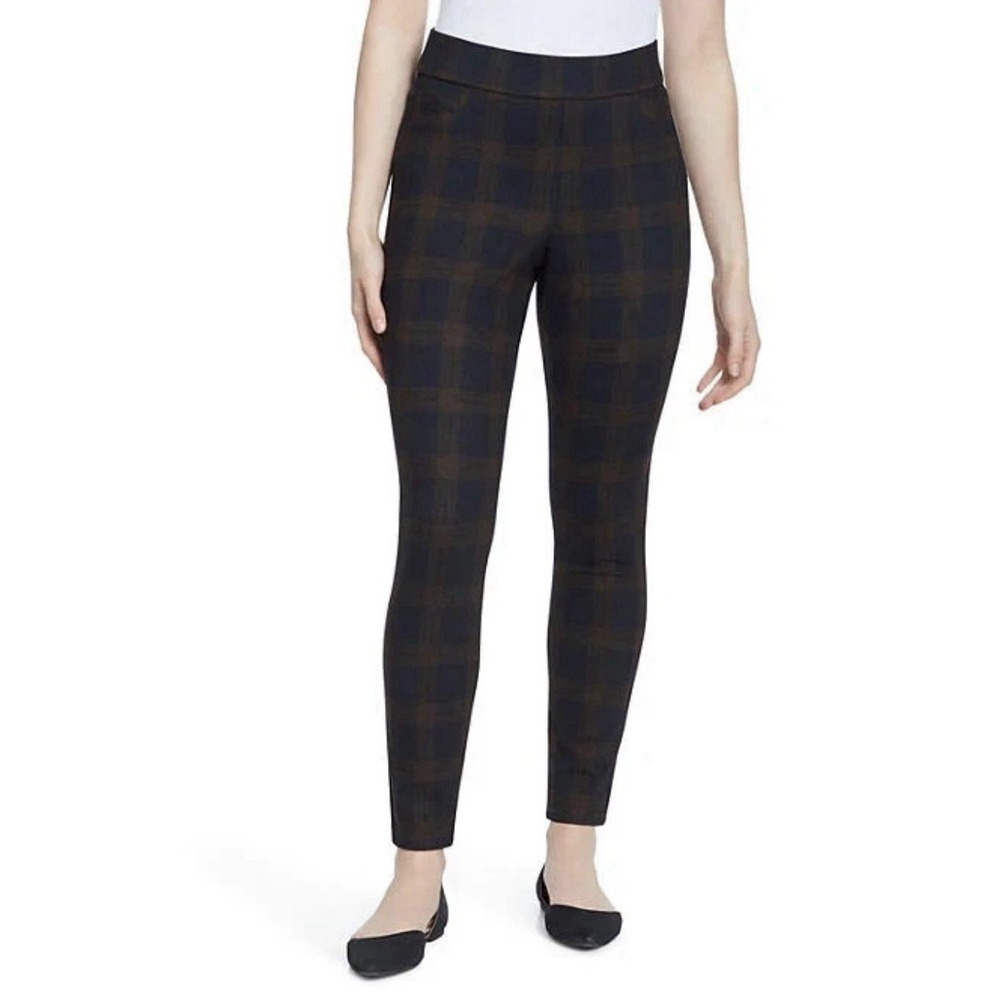 Nine West Womens Heidi Plaid Pull On Stretch Skinny Pants Size‎ L Orange/Black